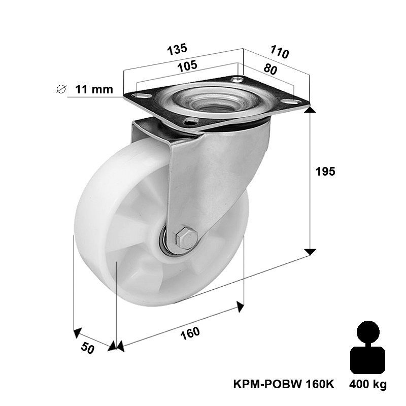 Zestaw kołowy skrętny KPM-POOBW 160K z kołem poliamidowym. Nośność 400 kg / 160mm/ kulkowe