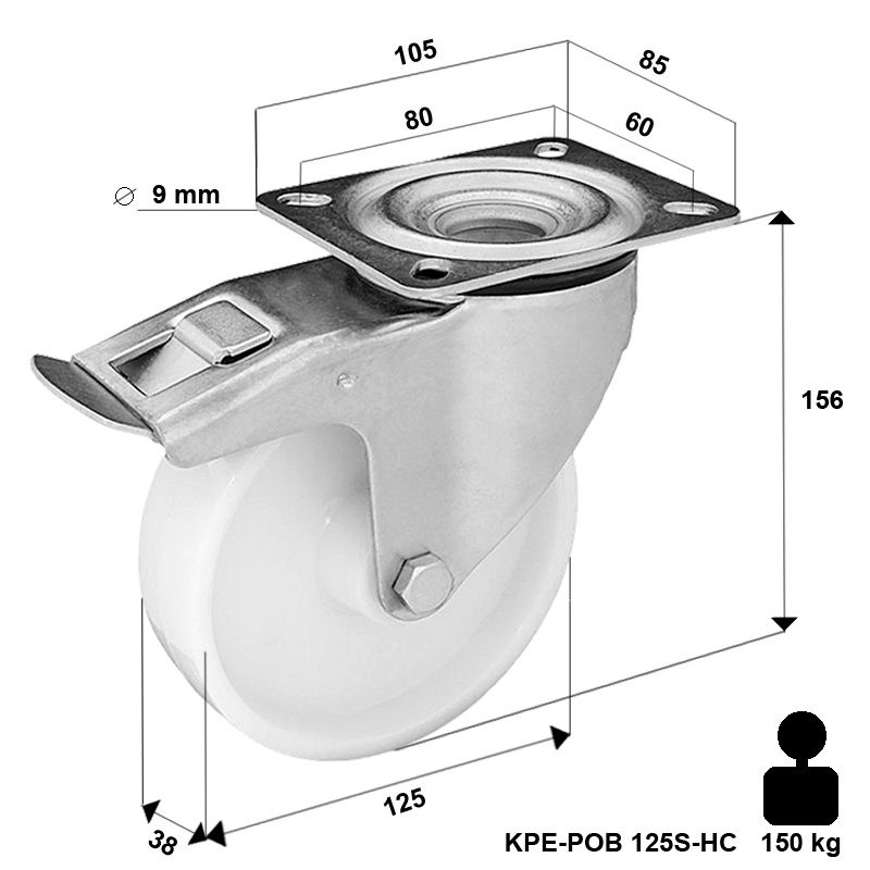 Zestaw kołowy skrętny z hamulcem  KPE-POB 125S-HC z kołem poliamidowym. Nośność 150 kg / 125mm/ ślizgowe