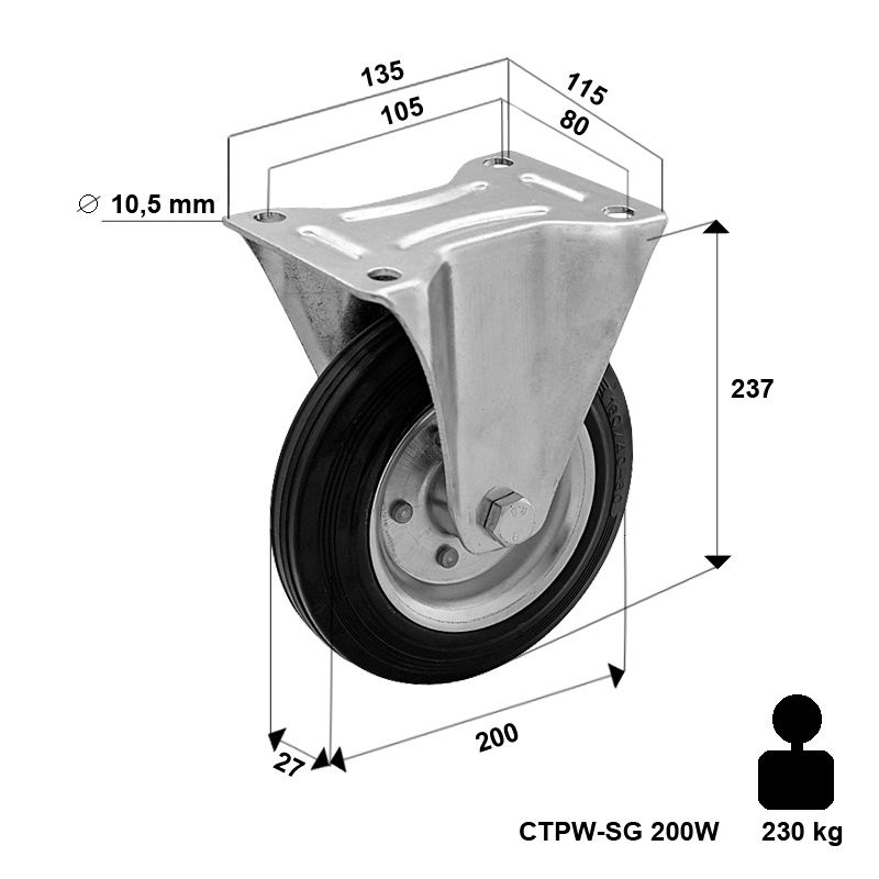 Kółko transportowe stałe stalowo-gumowe 200 mm CTPW-SG 200W  koło gumowe stalowa piasta  Nośność 230 kg / 200mm / wałeczkowe