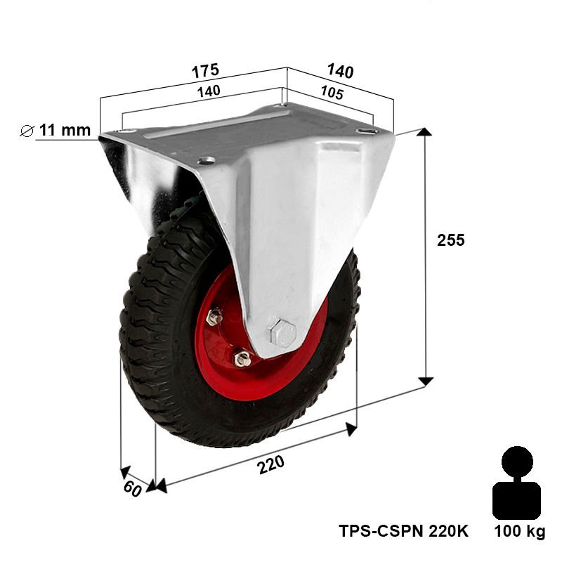 Zestaw kołowy stały TPS-CSPN 220K  Koło gumowe pompowane pneumatyczne stalowa piasta  Nośność 100 kg / 220mm / kulkowe