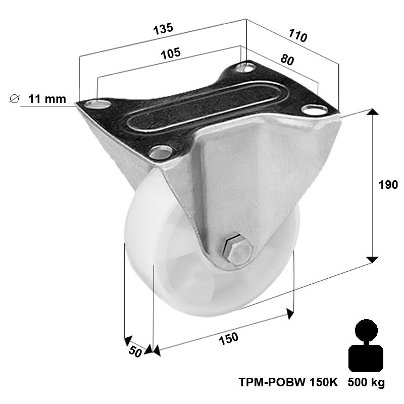 Zestaw kołowy stały TPM-POOBW 150K z kołem poliamidowym. Nośność 500 kg / 150mm/ kulkowe