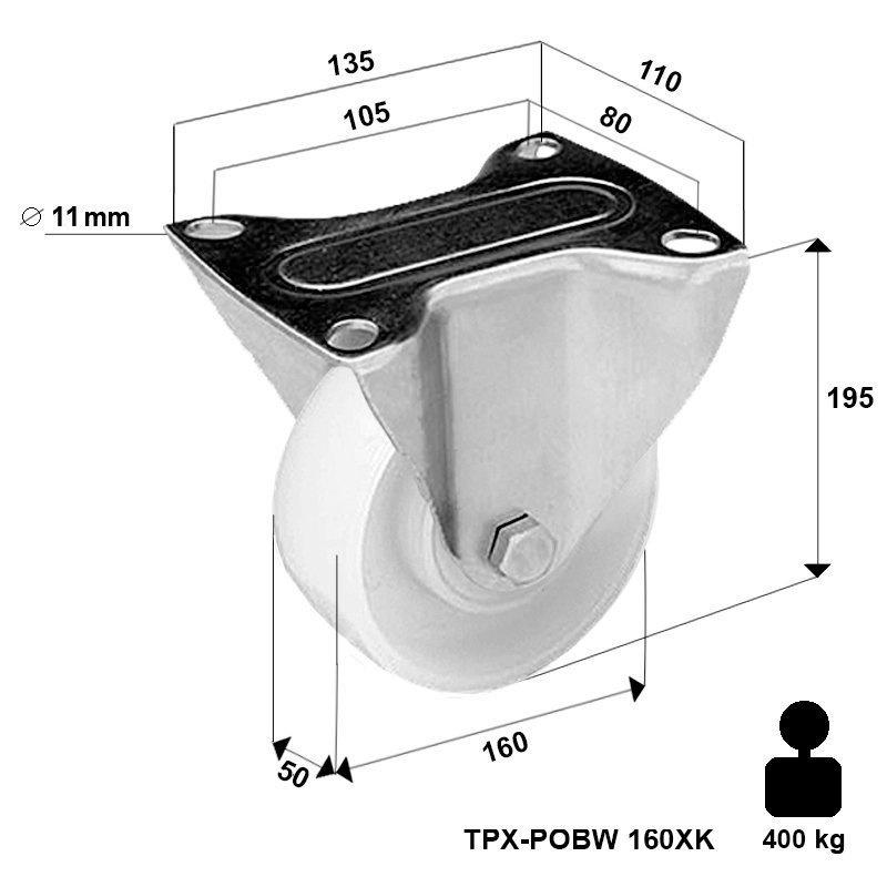 Kółko nierdzewne stałe TPX-POBW 160XK z kołem poliamidowym Nośność 400 kg / 160 mm / kulkowe