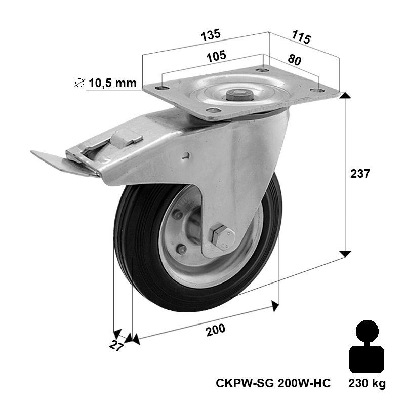 Kółko transportowe obrotowe z hamulcem metalowo-gumowe 200 mm CKPW-SG 200W-HC  koło gumowe stalowa piasta  Nośność 230 kg / 200mm / wałeczkowe