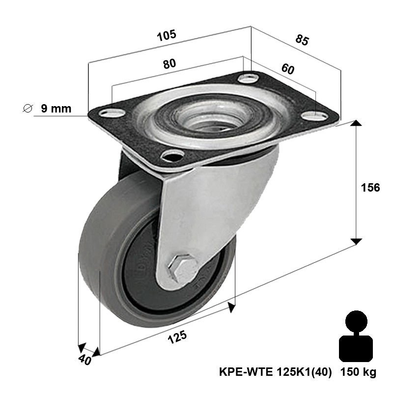 Zestaw kołowy skrętny KPE-WTE 125K1 (40) z szarą gumą piasta polipropylenowa Nośność 150 kg / 125mm/ kulkowe