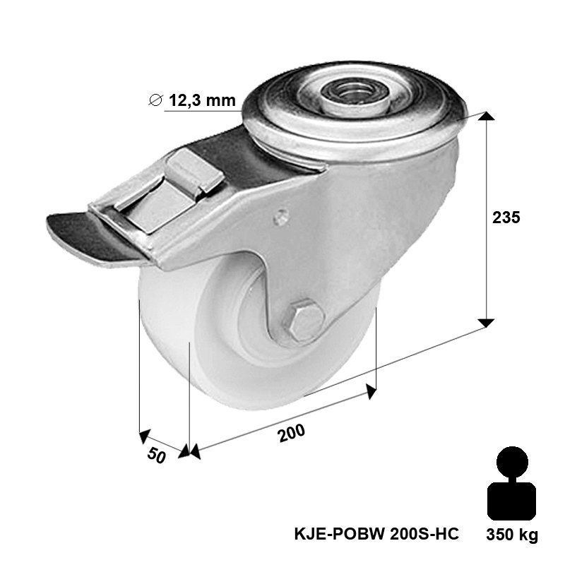 Zestaw kołowy skrętny z hamulcem KJE-POBW 200S-HC z kołem poliamidowym. Nośność 350 kg / 200mm/ ślizgowe