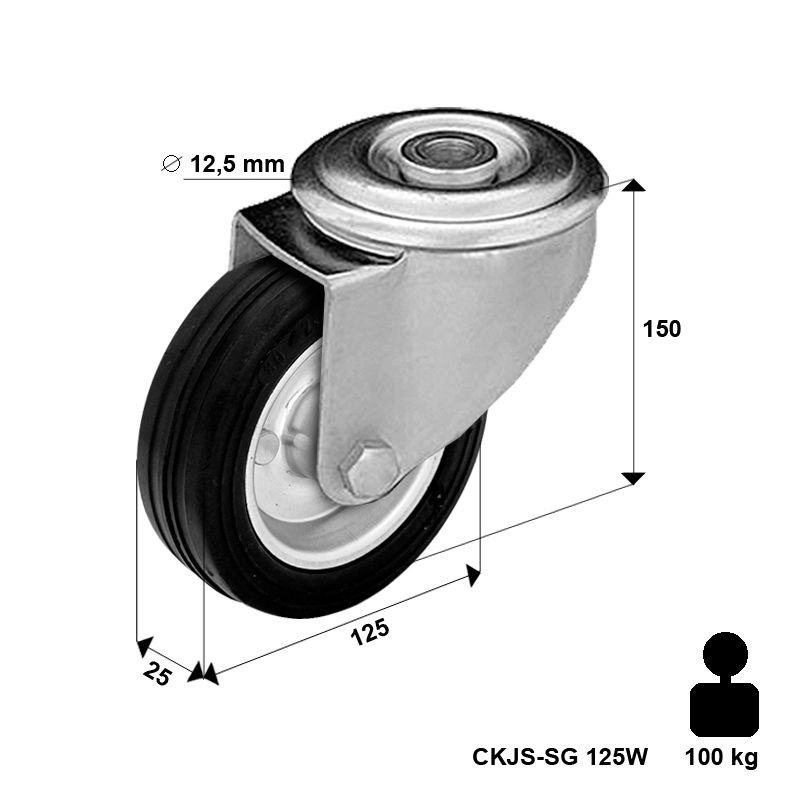 Kółko transportowe skrętne CKJS-SG 125W koło metalowo-gumowe stalowa piasta  Nośność 100 kg / 125mm / wałeczkowe