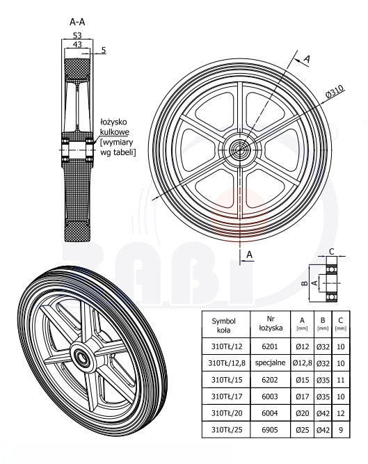 Koło z tworzywa gumowego 310mm CAST-ZAB-310TŁ/20