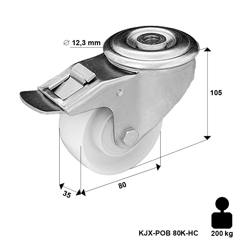 Kółko nierdzewne obrotowe z hamulcem na śrubę KJX-POB 80K1-HC z kołem poliamidowym Nośność 200 kg / 80 mm / kulkowe
