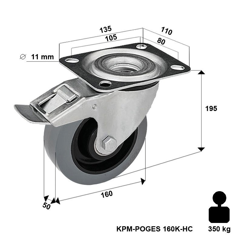 Zestaw kołowy skrętny z hamulcem KPM-POOGES 160K-HC z kołem gumowym piasta poliamid. Nośność 300 kg / 160mm/ kulkowe