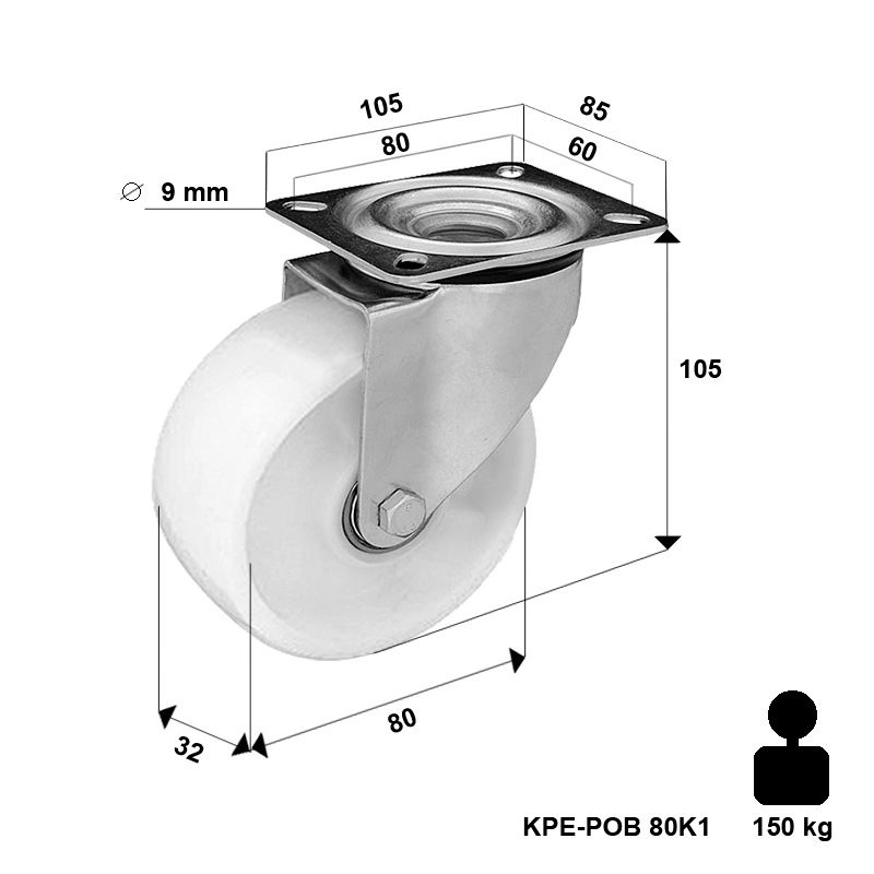 Zestaw kołowy skrętny KPE-POB 80K1 z kołem poliamidowym. Nośność 150 kg / 80mm/ kulkowe