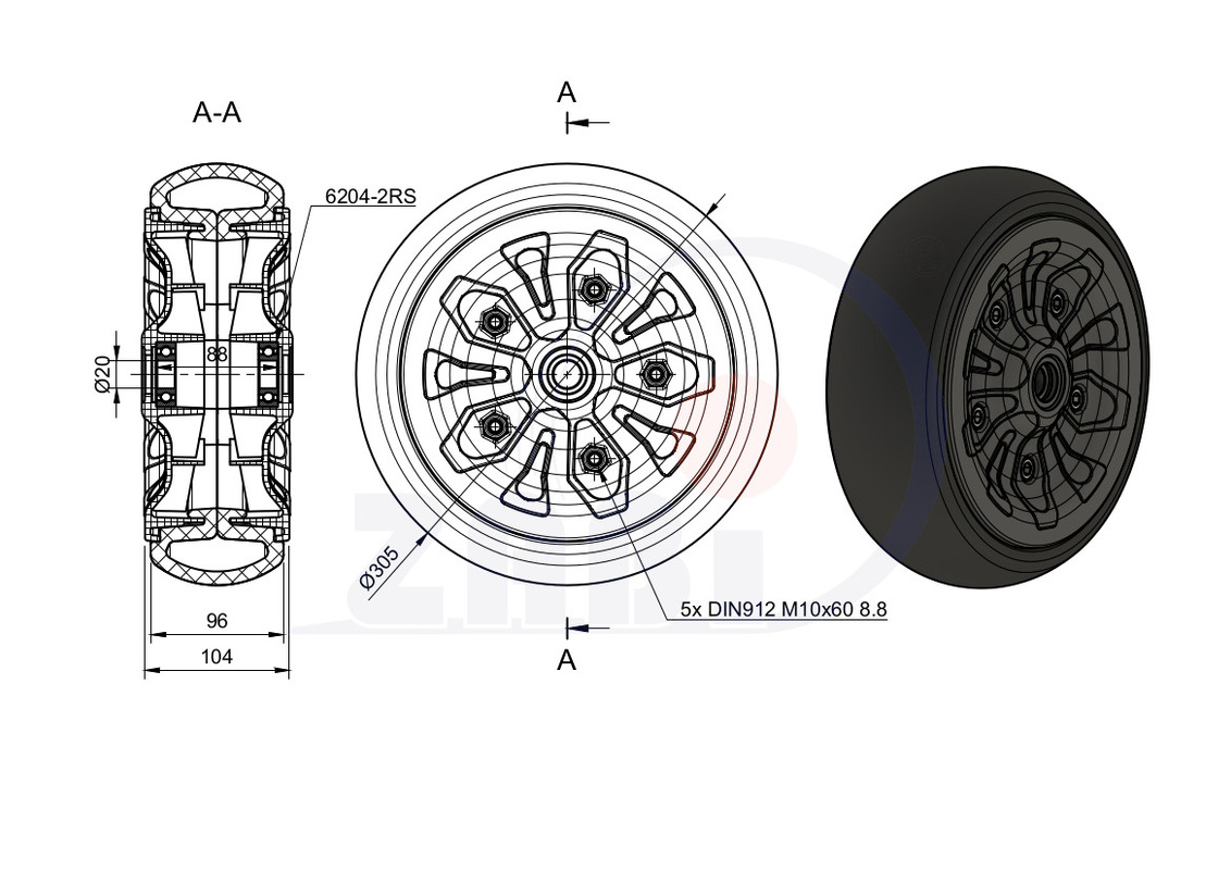 Koło z tworzywa gumowego 300mm CAST-ZAB-300PPG