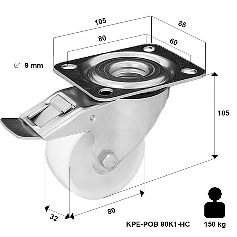 Zestaw kołowy skrętny z hamulcem KPE-POB 80K1-HC z kołem poliamidowym. Nośność 150 kg / 80mm/ kulkowe