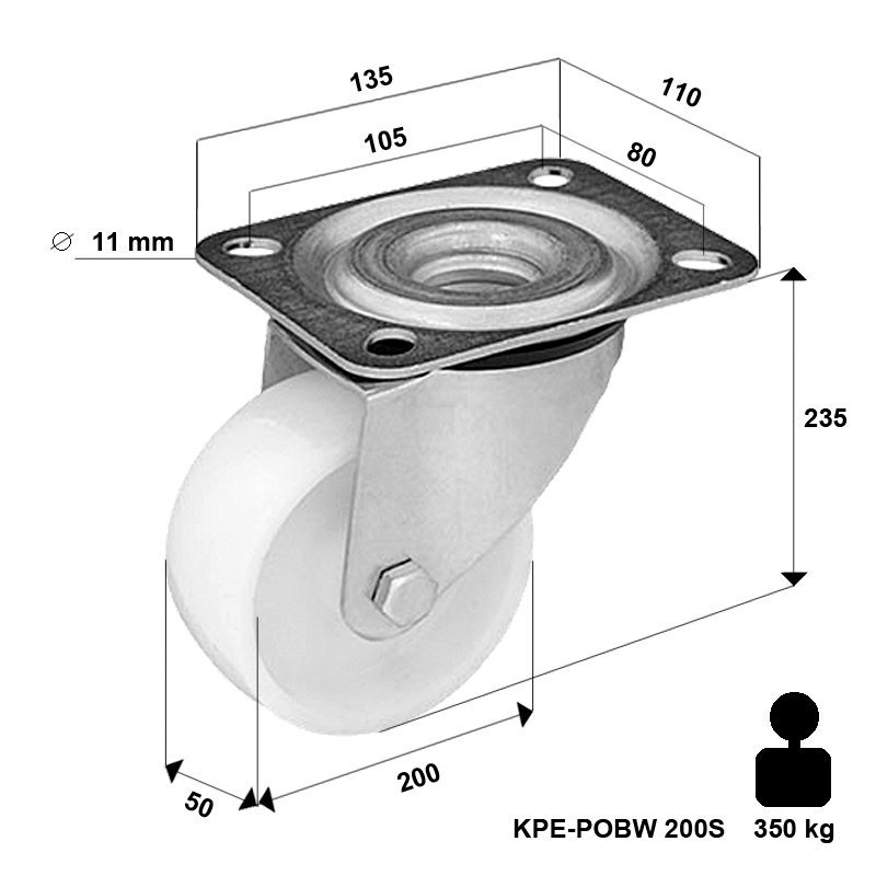 Zestaw kołowy skrętny KPE-POB 200S z kołem poliamidowym. Nośność 350 kg / 200mm/ ślizgowe