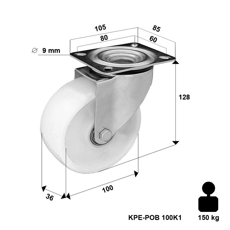 Zestaw kołowy skrętny KPE-POB 100K1 z kołem poliamidowym. Nośność 150 kg / 100mm/ kulkowe