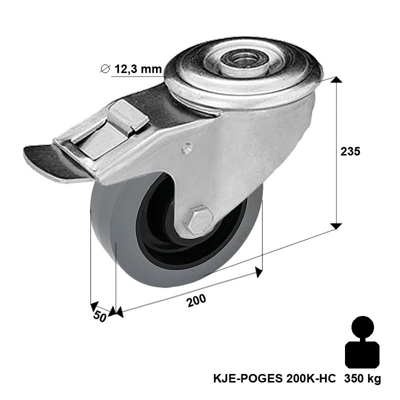 Zestaw kołowy skrętny z hamulcem KJE-POGES 200K1-HC z kołem gumowym piasta poliamid. Nośność 350 kg / 200mm/ kulkowe