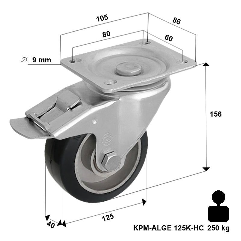 Koło do wózka obrotowe transportowe z hamulcem KPM-ALGE 125K-HC z kołem gumowym piasta aluminium. Nośność 220 kg / 125mm/ kulkowe