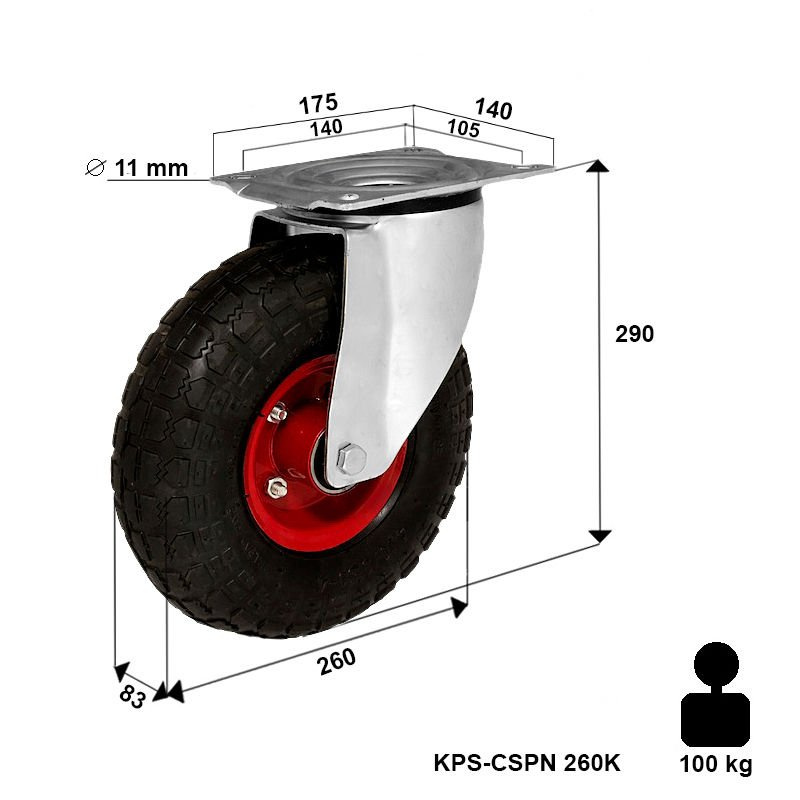 Zestaw kołowy skrętny obrotowy KPS-CSPN 260K  Koło gumowe pompowane pneumatyczne stalowa piasta  Nośność 100 kg / 260mm / kulkowe