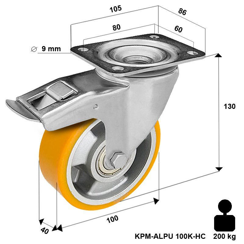 Kółko przemysłowe obrotowe z hamulcem KPM-ALPU 100K-HC z kołem aluminiowym z bieżnikiem poliuretanowym. Nośność 200 kg - średnica 100mm - łożysko kulkowe