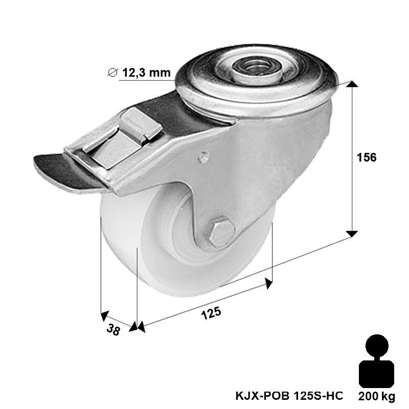 Kółko nierdzewne obrotowe z hamulcem KJX-POB 125S-HC z kołem poliamidowym. Nośność 200 kg / 125mm/ ślizgowe