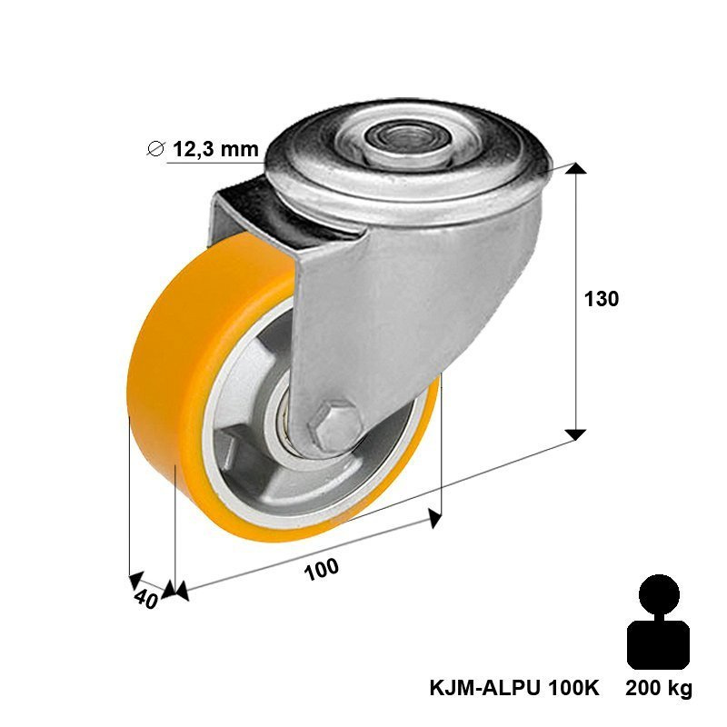 Koło skrętne na 1 śrubę Zestaw kołowy skrętny KJM-ALPU 100K z kołem z bieżnikiem poliuretanowym. Nośność 200 kg / 100 mm/ kulkowe