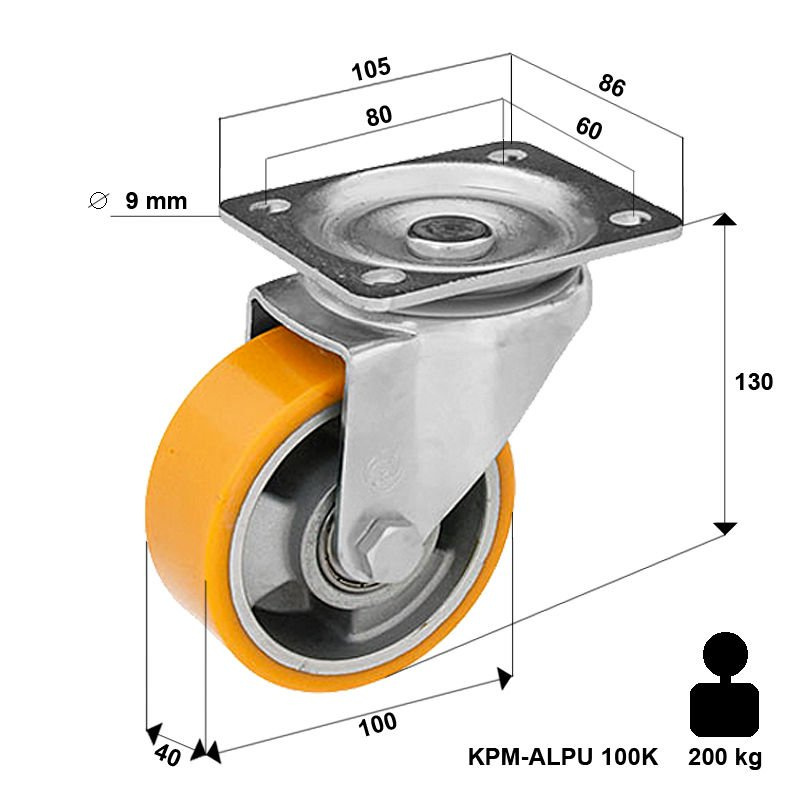 Koło transportowe obrotowe skrętne 100mm KPM-ALPU 100K z kołem z bieżnikiem poliuretanowym  200kg/600kg