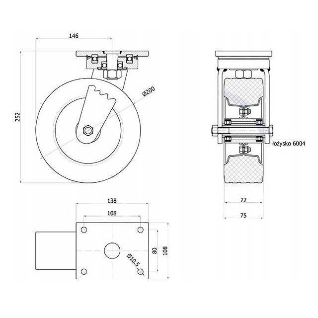 Koło do pługa zamiatarki mocne CASTZAB-62NNŁD 200mm 300 kg