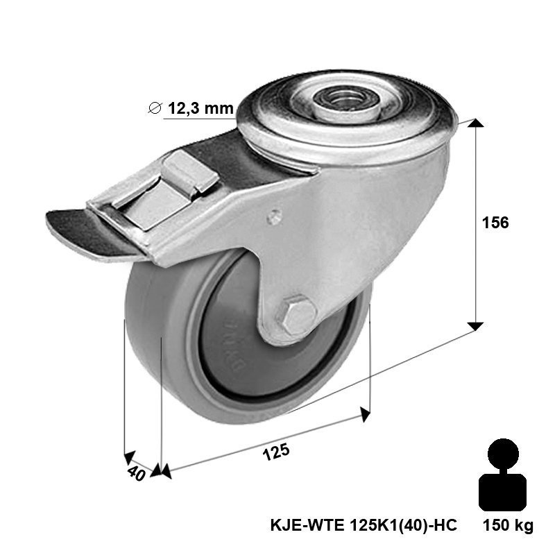 Kółko nierdzewne skrętne z hamulcem KJX-WTE 125K1(40)-HC z kołem polipropylenowym i gumową oponką. Nośność 150 kg / 125mm/ kulkowe