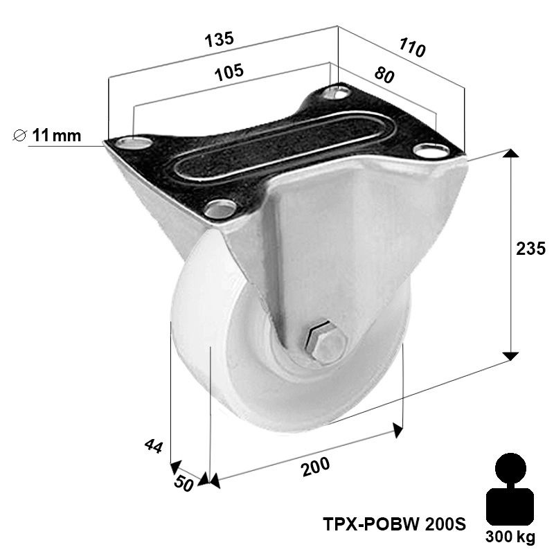 Kółko nierdzewne stałe TPX-POBW 200S z kołem poliamidowym. Nośność 400 kg / 200mm/ ślizgowe