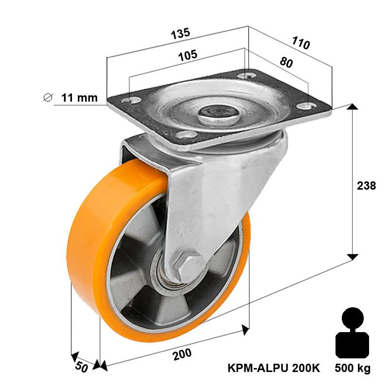 500 kg Koło transportowe obrotowe skrętne 200mm Zestaw kołowy KPM-ALPU 200K z kołem z nalewanym bieżnikiem poliuretanowym 500/1500 kg
