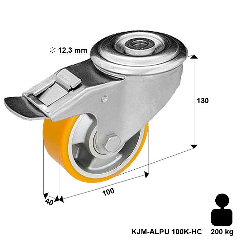 Koło skrętne z hamulcem na 1 śrubę Zestaw kołowy skrętny z hamulcem KJM-ALPU 100K-HC z kołem z bieżnikiem poliuretanowym. Nośność 200 kg / 100 mm/ kulkowe
