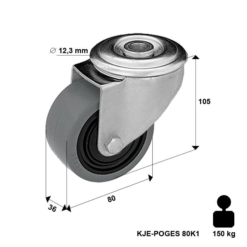 Zestaw kołowy skrętny KJE-POGES 80K1 z kołem gumowym piasta poliamid. Nośność 100 kg / 80mm/ kulkowe