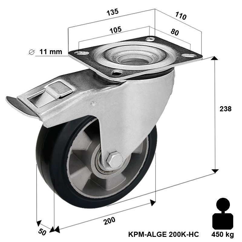 Koło do wózka obrotowe transportowe z hamulcem KPM-ALGE 200K-HC z kołem gumowym piasta aluminium. Nośność 400 kg / 200mm/ kulkowe