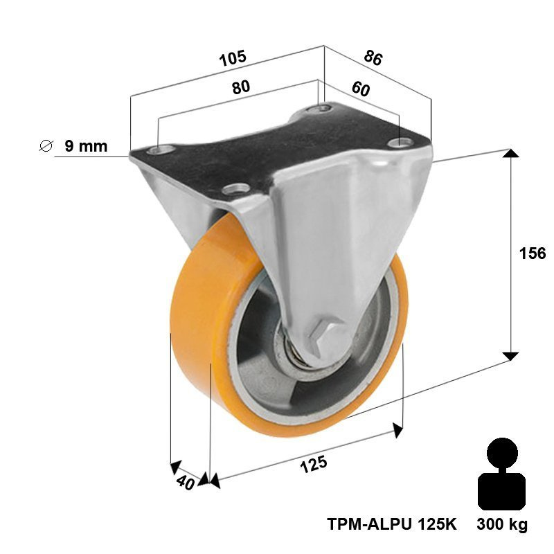 300 kg Kółko transportowe stałe Zestaw kołowy stały TPM-ALPU 125K z kołem z nalewanym bieżnikiem poliuretanowym. Nośność 300 kg / 125mm/ kulkowe